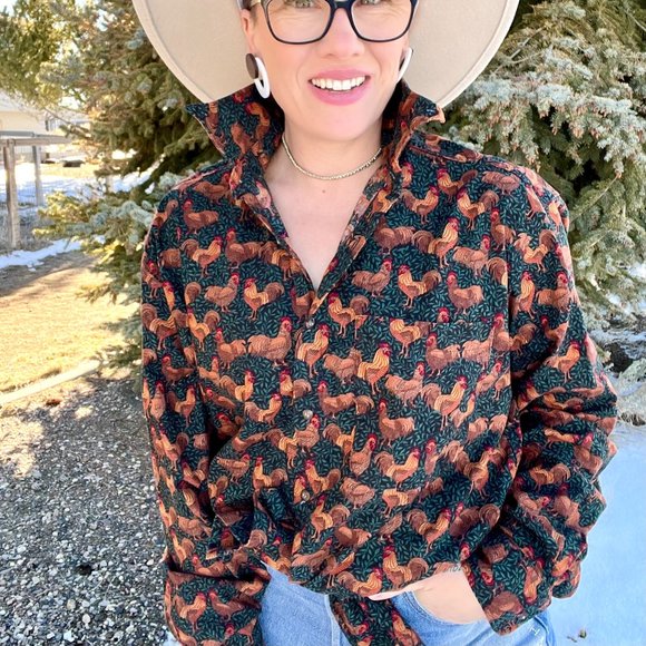 Tops - Vintage 80's Womens Button Up Preppy Chicken Print Blouse Cotton Blouse